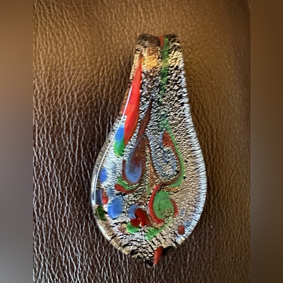 Jewelry - Murano glass red, blue, green, black, and silver pendant.